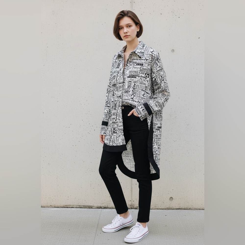 Graphic Print Longline Shirt - Black & White